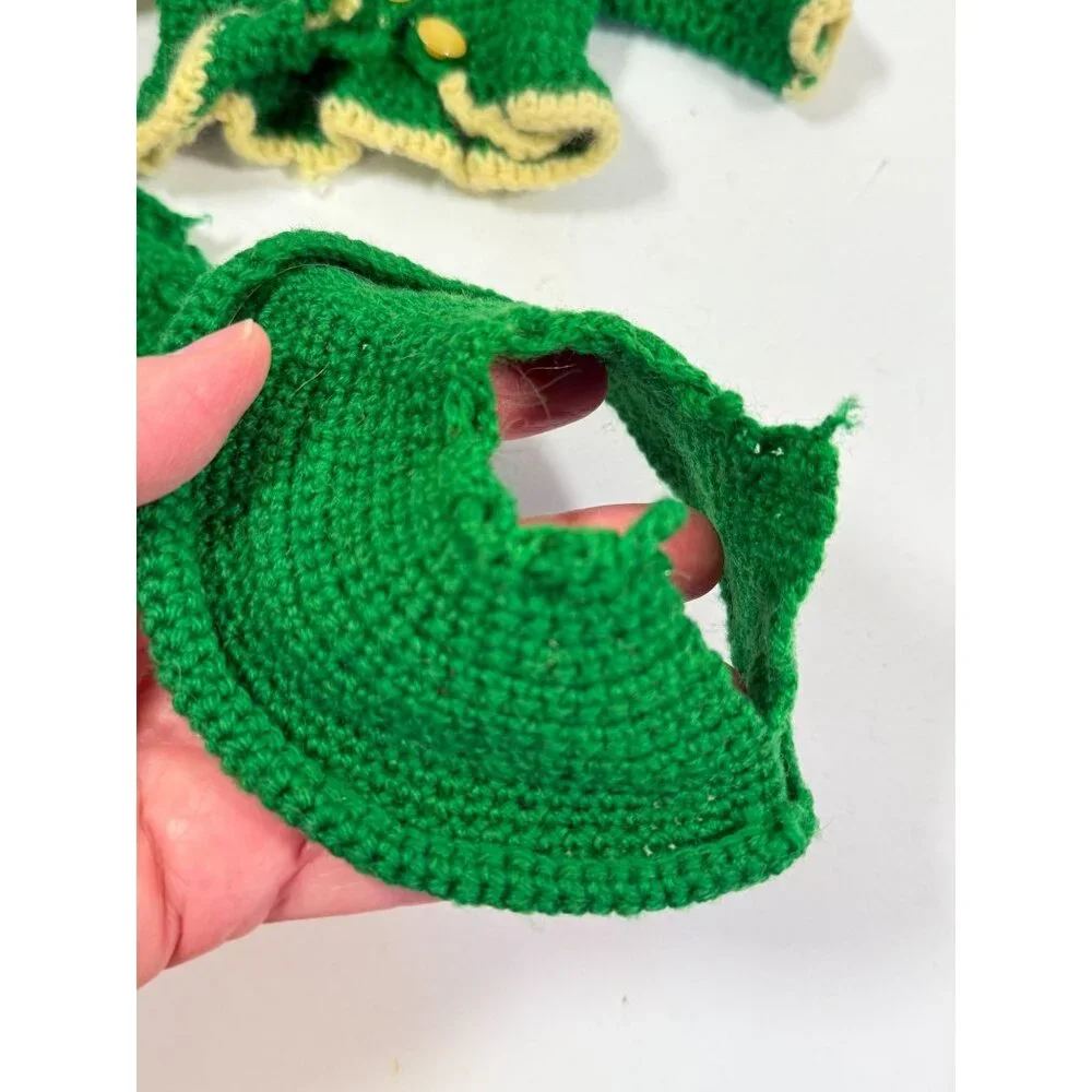Vintage Mary Hoyer Doll Crocheted Winter Outfit Green White Trim Purse Hat